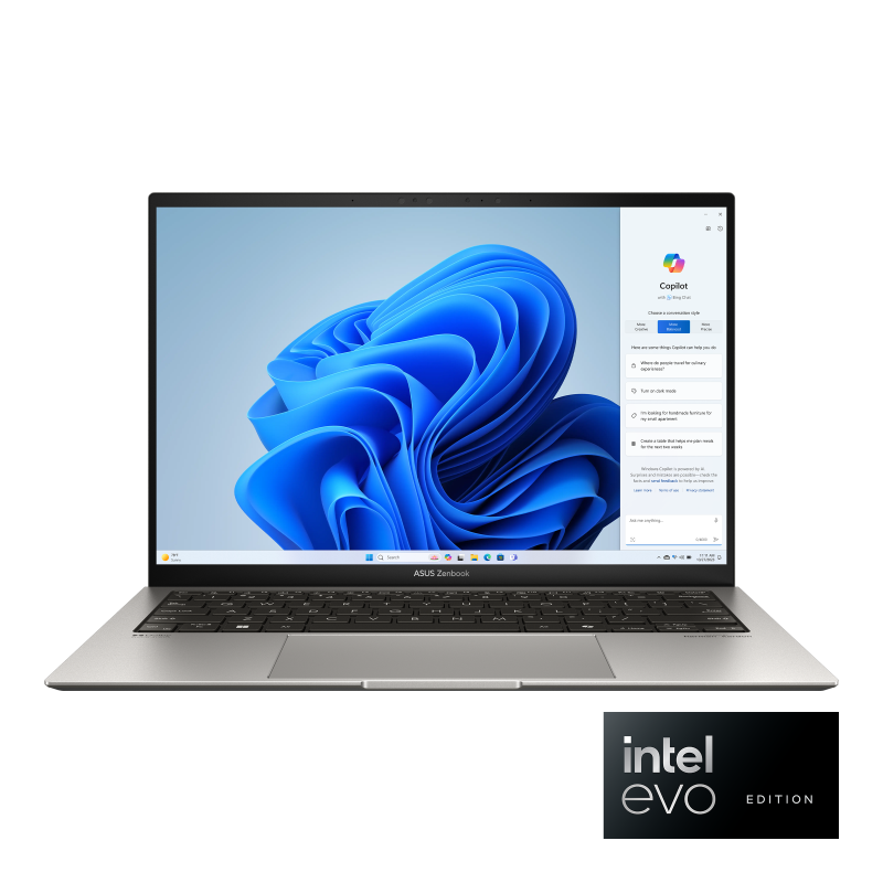 Asus Zenbook S 13 OLED with the lid open, showing a 13.3-inch screen with Windows 11 wallpaper and the Copilot panel docked on the right.