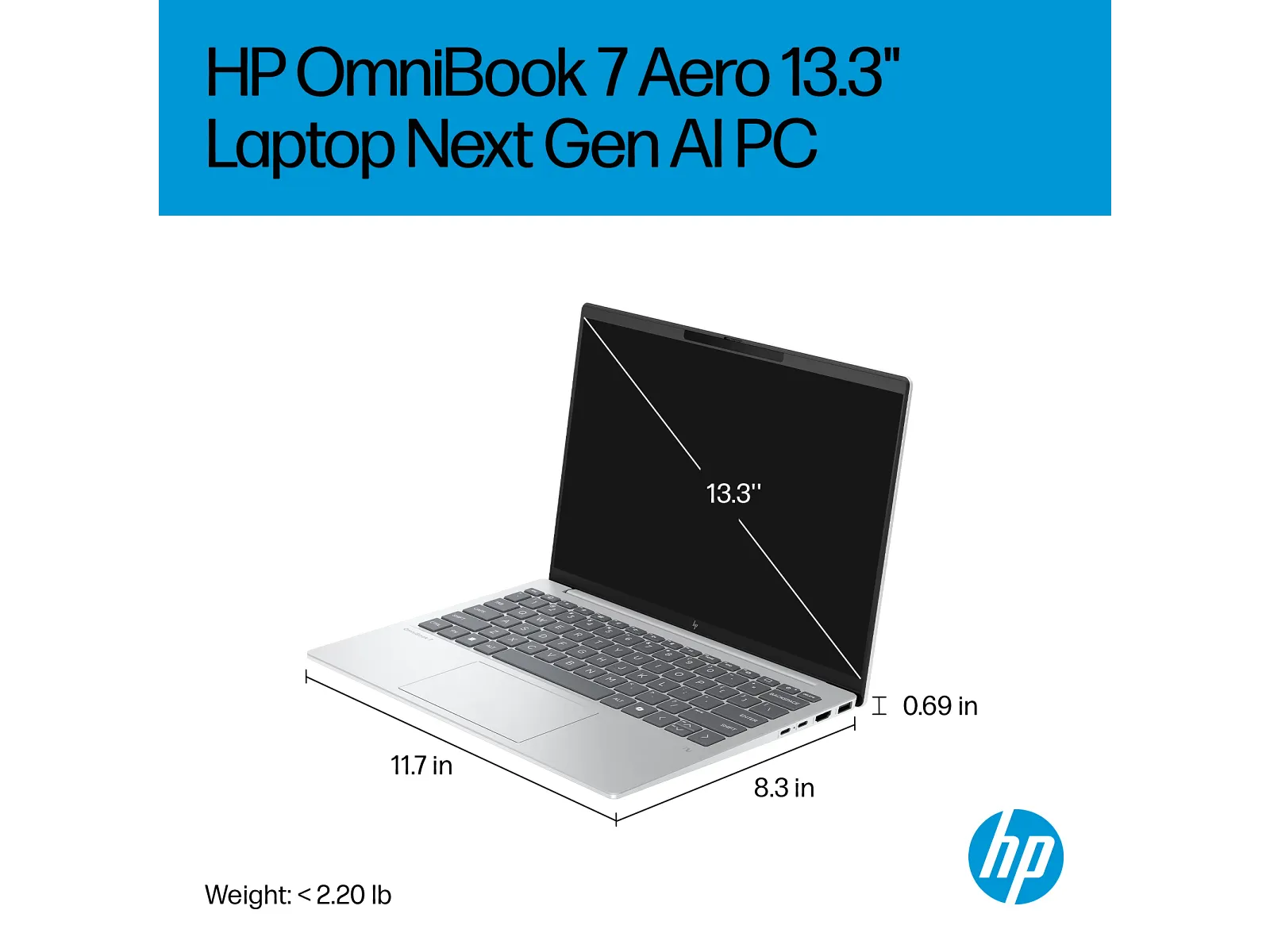 HP's official dimensions diagram for the OmniBook 7 Aero showing 13.3-inch display, 11.7 in width, 8.3 in depth, 0.69 in thickness, and weight under 2.20 lb.