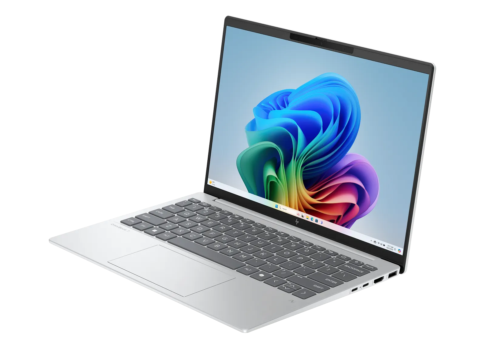 HP OmniBook 7 Aero in Glacier Silver, lid open at roughly 120 degrees, showing the Windows 11 colorful wallpaper on a 13.3-inch display.