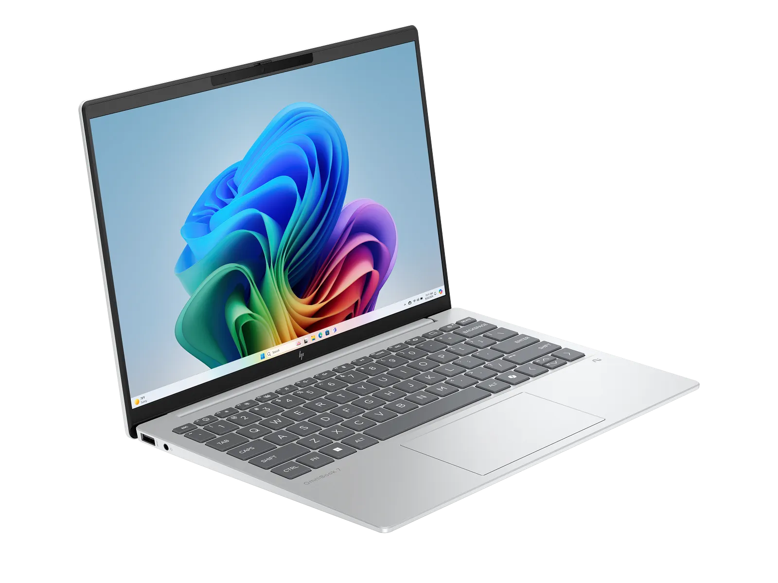 HP OmniBook 7 Aero from the front-left, showing the left-side ports including USB-A and USB-C.