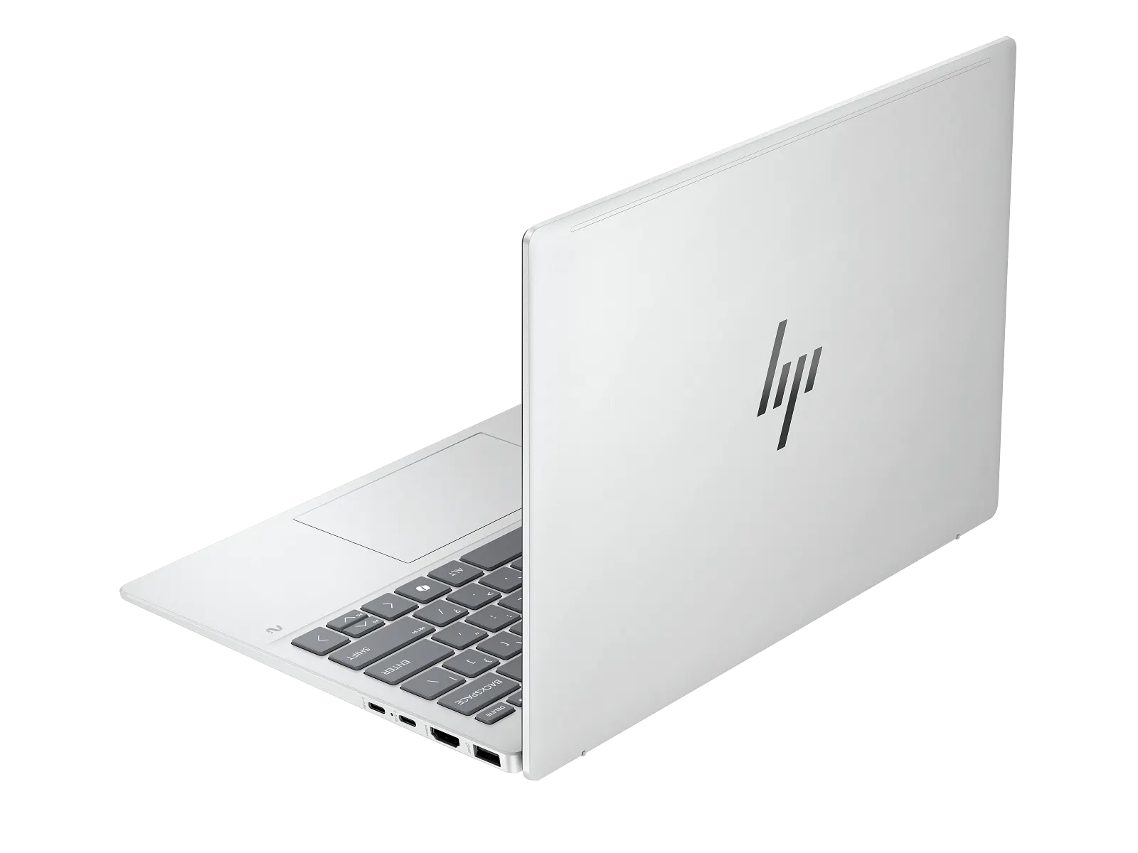 HP OmniBook 7 Aero seen from behind, lid up showing the Glacier Silver finish with the HP logo, and the right-side ports visible.