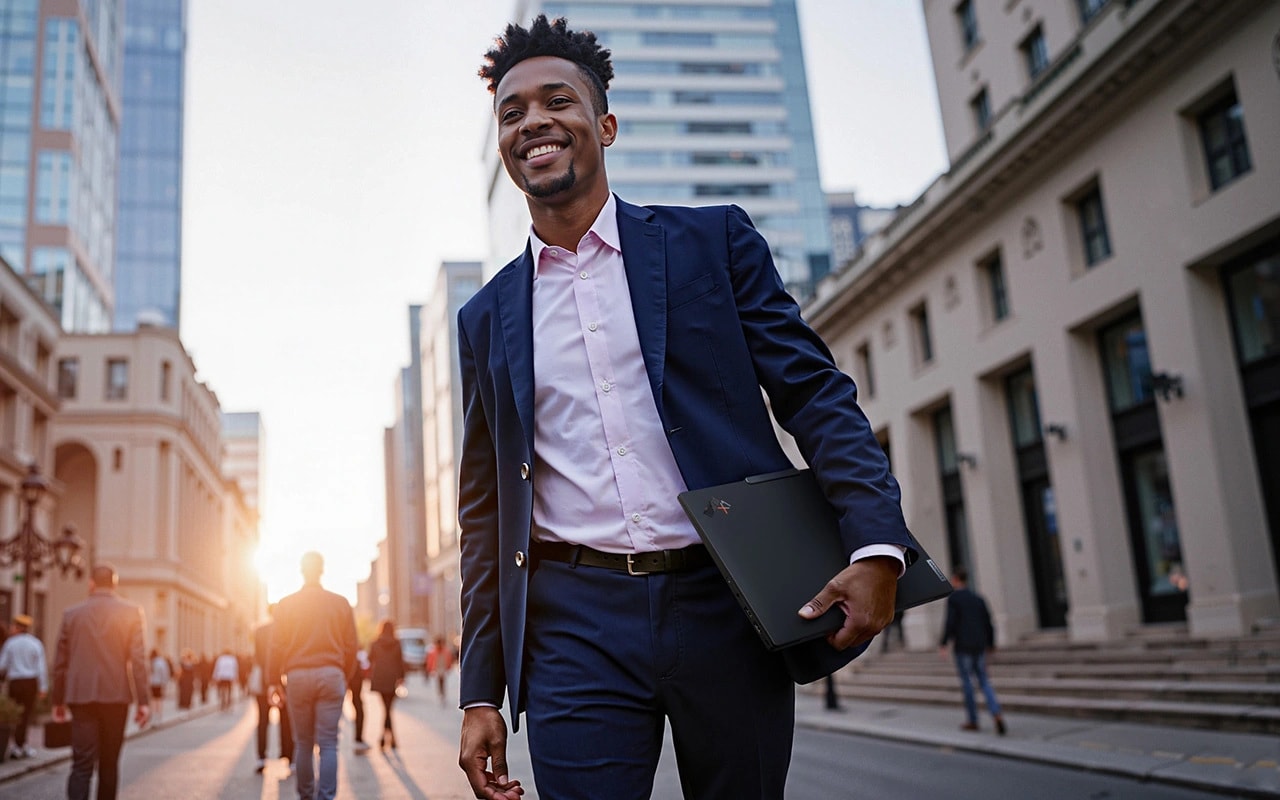 A man in a suit walking down a city street at golden hour, holding the closed X1 Carbon Aura under his arm.