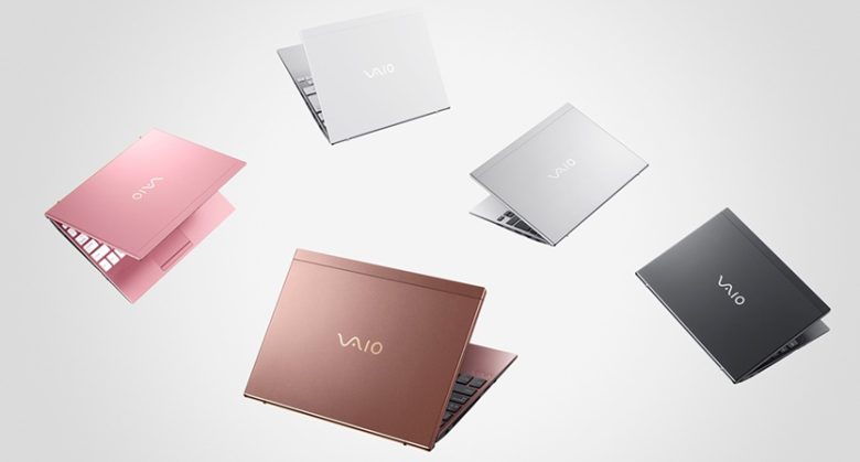 Five VAIO SX12 units arranged at angles, showing five different lid finishes: Rose Gold, White, Brown, Silver, and Fine Black.